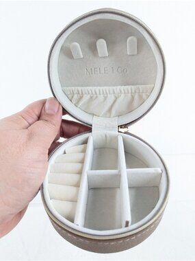 Mele & Co Round Travel Jewelry Box Brown Leather Organizer Case - NIB